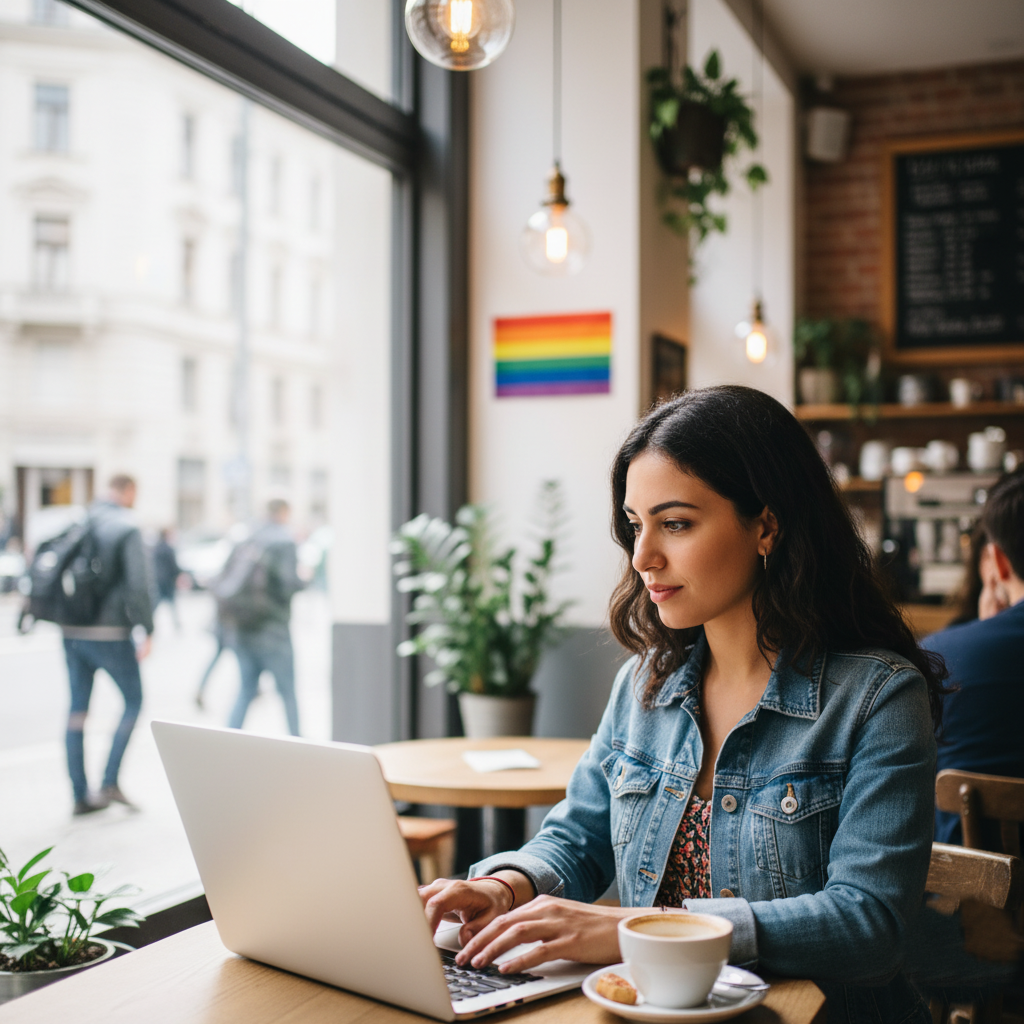 Artur Akhmetgaliyev working on his laptop at a cafe in Berlin, symbolizing his successful political asylum journey and press freedom in Germany